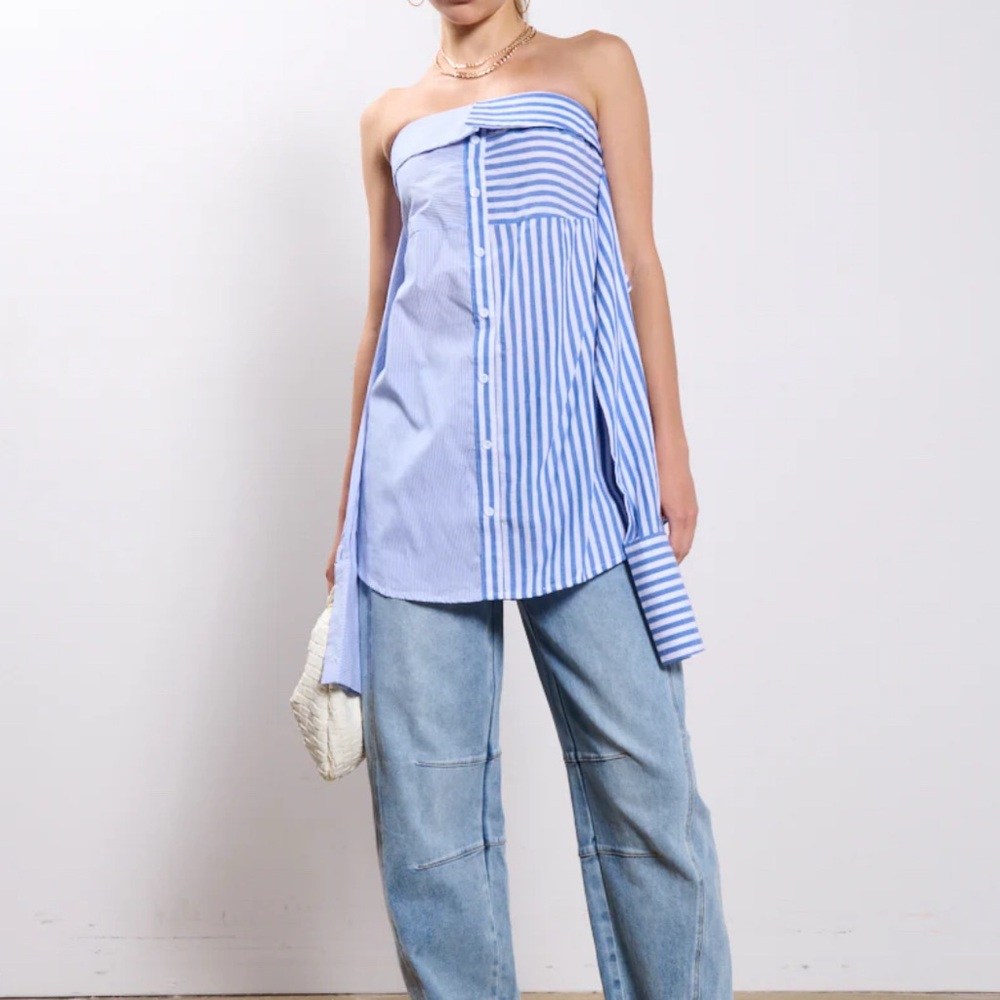 AKIRA Asymmetrical Blue and White Buttoned Blouse/Mini-Dress *UNWORN w/ TAGS*